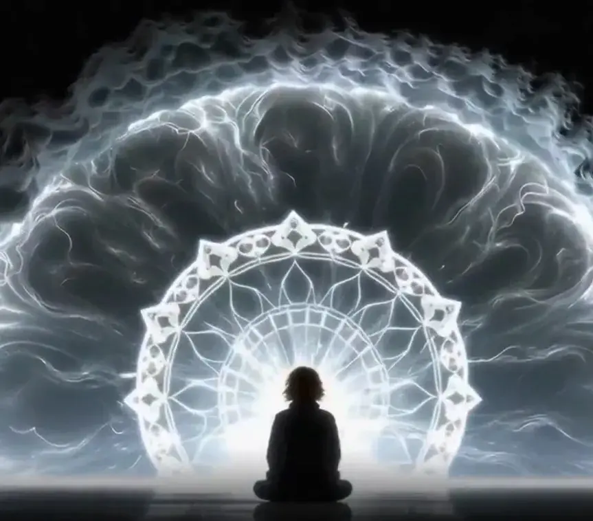 A person meditating in front of a glowing mandala